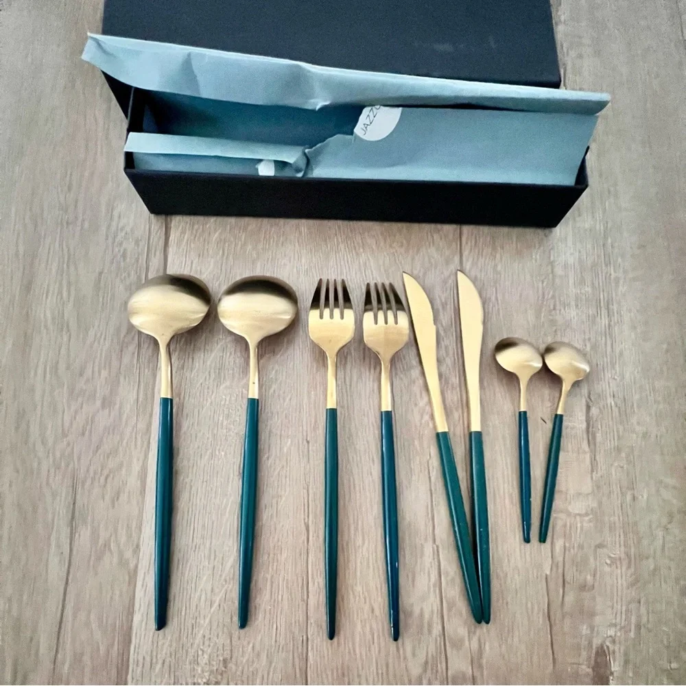 JazzUp JazzUpCo‎ French Flatware 8 PCs Gold Green- Forks Knifes Spoons Retired